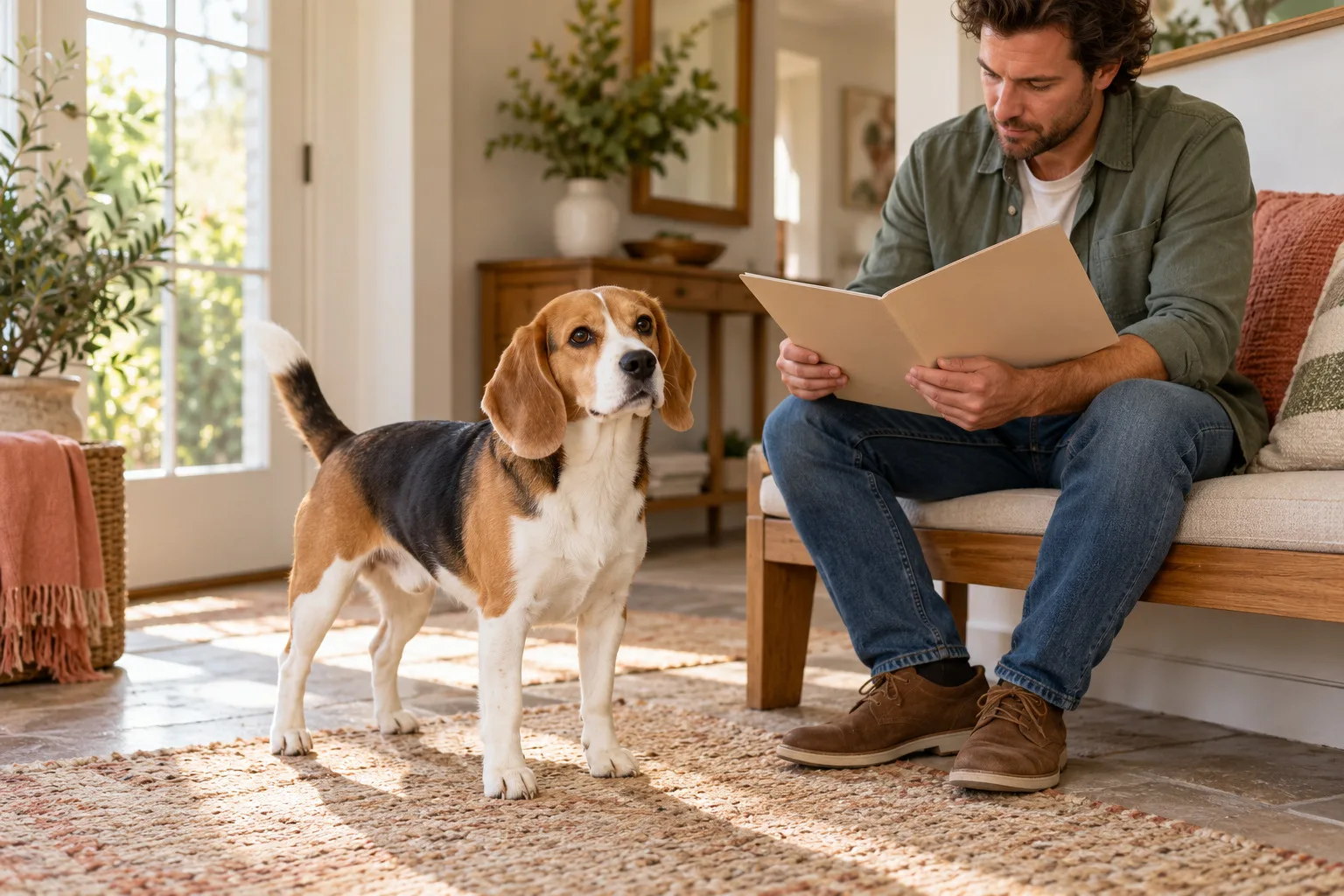 An owner reviewing a folder beside a dog at home